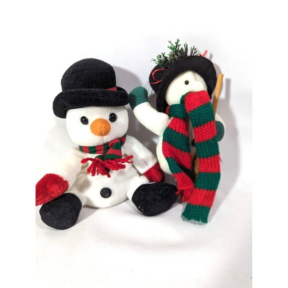 Holiday Snowmen Plush Black Hat Red Green Scarf Broom Ornament 2-Pc Vintage 1992 - Picture 8 of 8